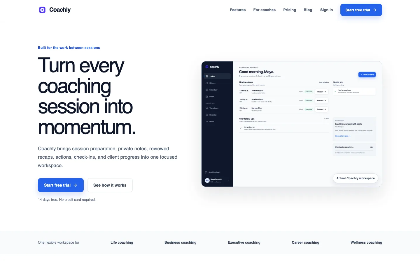 Coachly landing page showing its coaching workspace and session workflow